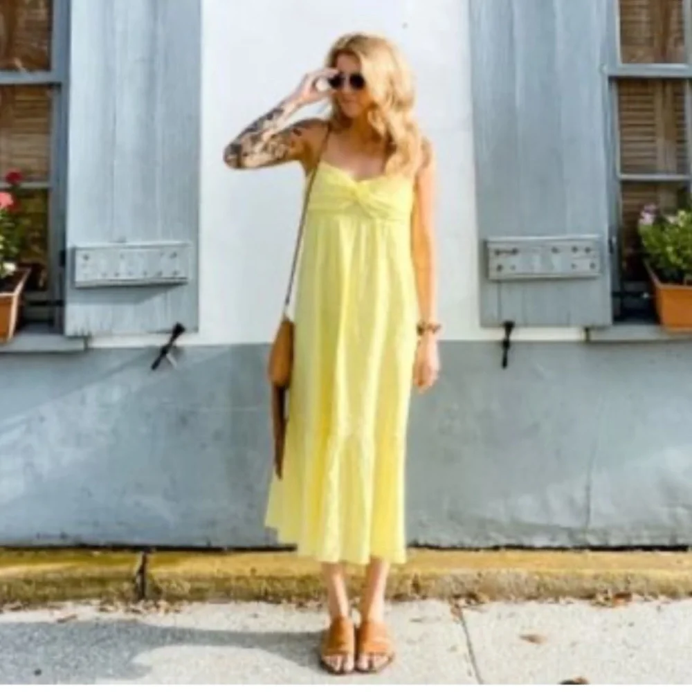 Banana Republic Linen Front Knot Midi Dress Pastel Butter Yellow Size 6 NWT